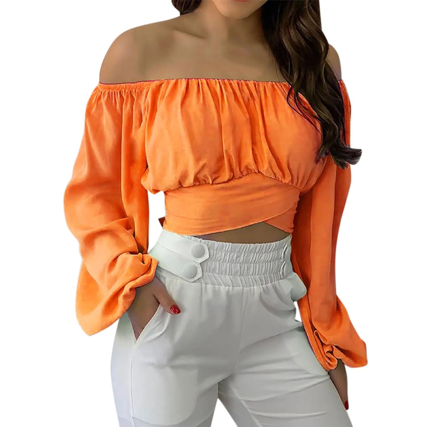 Women Sexy Off Shoulder Long Sleeve Top Self Tie Knot Crop Top Blouse Solid Color WoMen's Blouses Y2k Female Summer Shirts ????