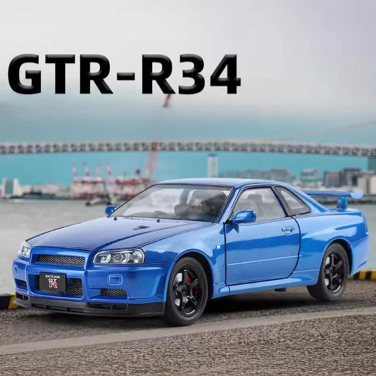 1/24 Nissan Skyline GTR-R34 Velozes e Furiosos Modelo de Carro em Liga Leve com Luz e Som Miniatura Colecionável Veículo de Brinquedo para Meninos