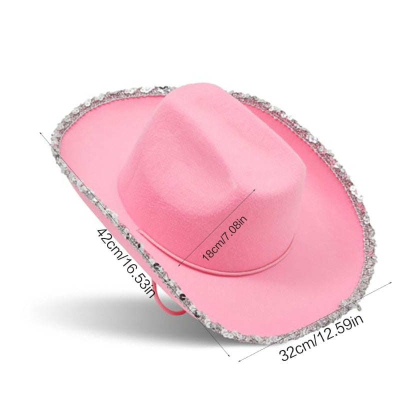 Pink Cowgirl Hat with Sparkling Sequins Trim for Halloween Dress Up Cosplay Party Supplies Costume Accessories