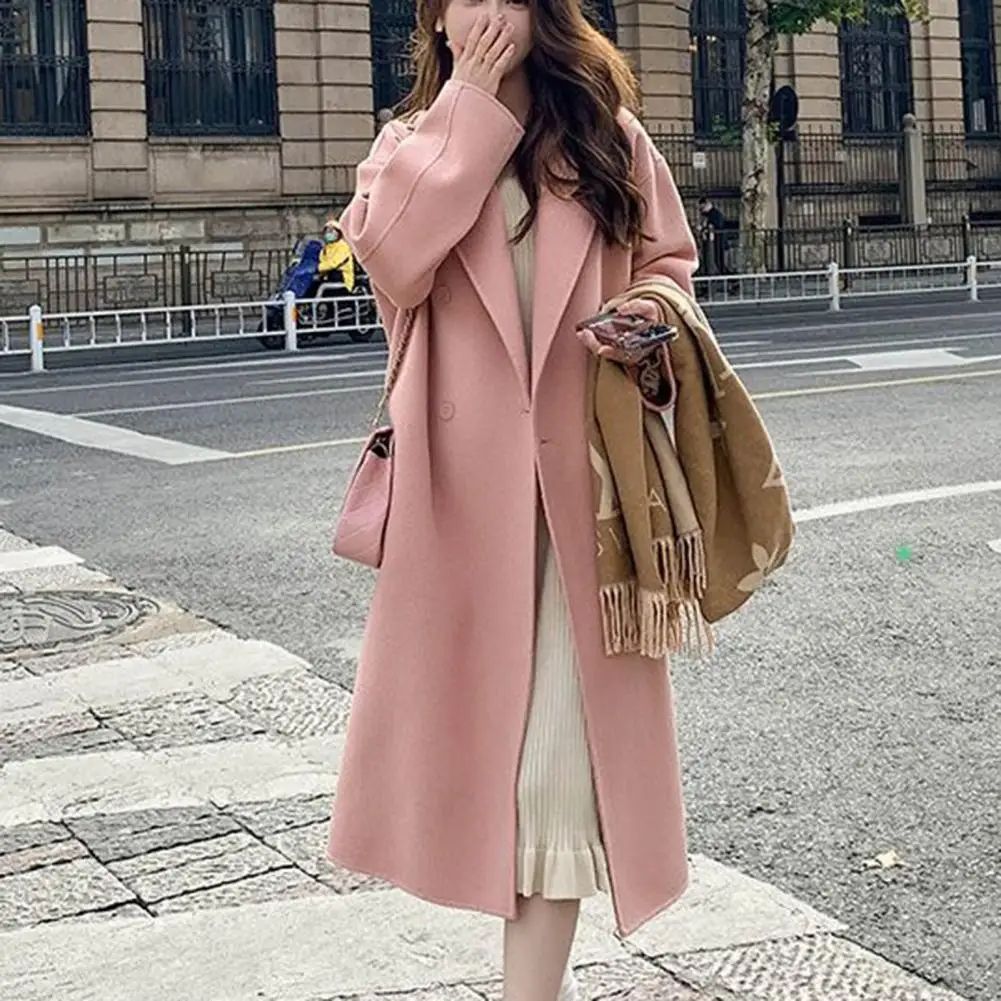 Women Coat Double-Breasted Mid-length Outerwear Lapel Stylish Warm Mid-Length Double Pockets Winter Coat Lady Accessories