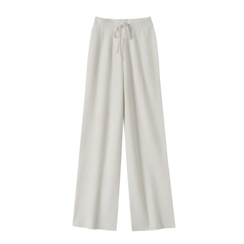 Spring Autumn Women High Waist Wool Wide Leg Pants Solid Soft Warm 100% Merino Wool Knitted Trousers Belt Casual Korean Fashion