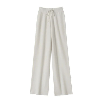 Spring Autumn Women High Waist Wool Wide Leg Pants Solid Soft Warm 100% Merino Wool Knitted Trousers Belt Casual Korean Fashion