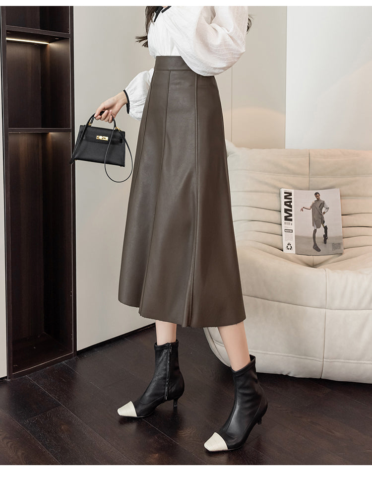 Seoulish Black Faux PU Leather Women's A-Line Skirts 2023 New Autumn Winter High Wasit Solid Chic Umbrella Office Skirts Female