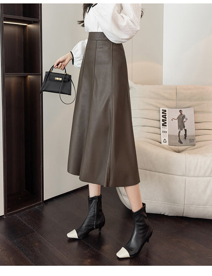 Seoulish Black Faux PU Leather Women's A-Line Skirts 2023 New Autumn Winter High Wasit Solid Chic Umbrella Office Skirts Female