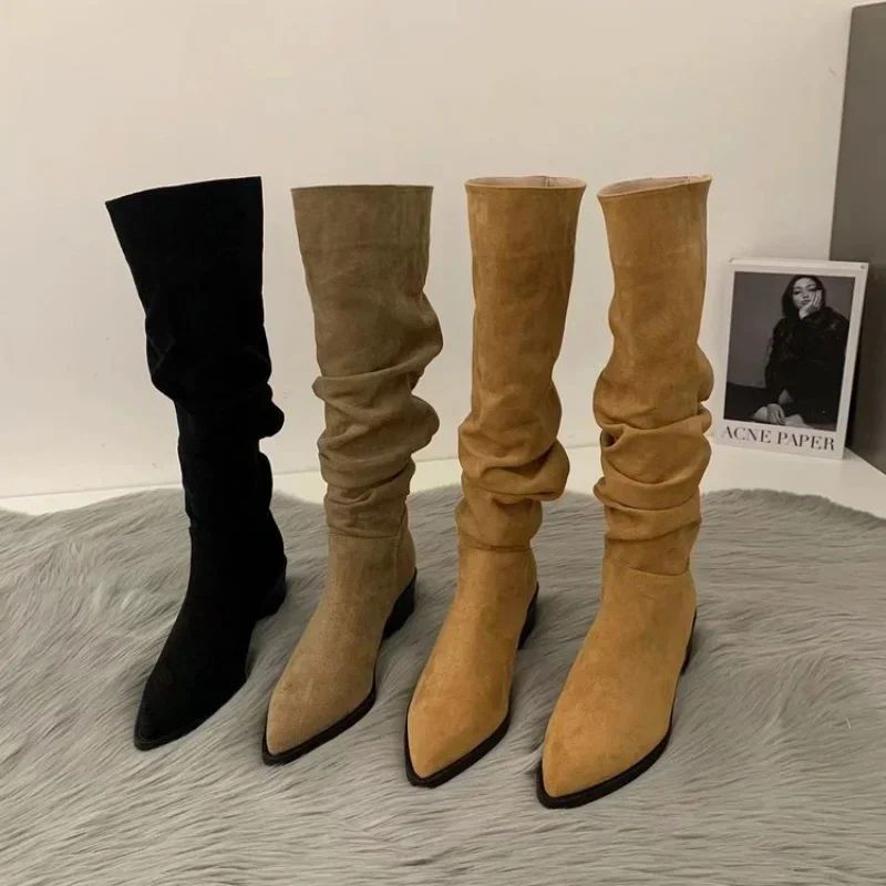 Women Knee High Boots Autumn Winter Female Shoes Fashion Female Slip-on Folds Low Heel Round Toe Flat Long Boots Botas De Mujer