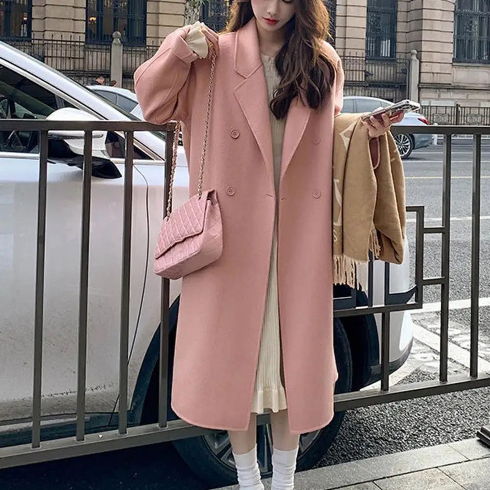 Women Coat Double-Breasted Mid-length Outerwear Lapel Stylish Warm Mid-Length Double Pockets Winter Coat Lady Accessories