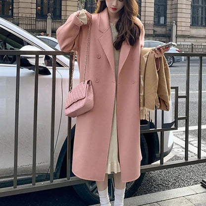 Women Coat Double-Breasted Mid-length Outerwear Lapel Stylish Warm Mid-Length Double Pockets Winter Coat Lady Accessories