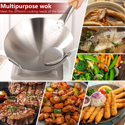 Wok de Aço Inoxidável com Cabo de Faia Anti-Queimadura Fundo Redondo Utensílio de Cozinha para Fogões a Gás 32cm