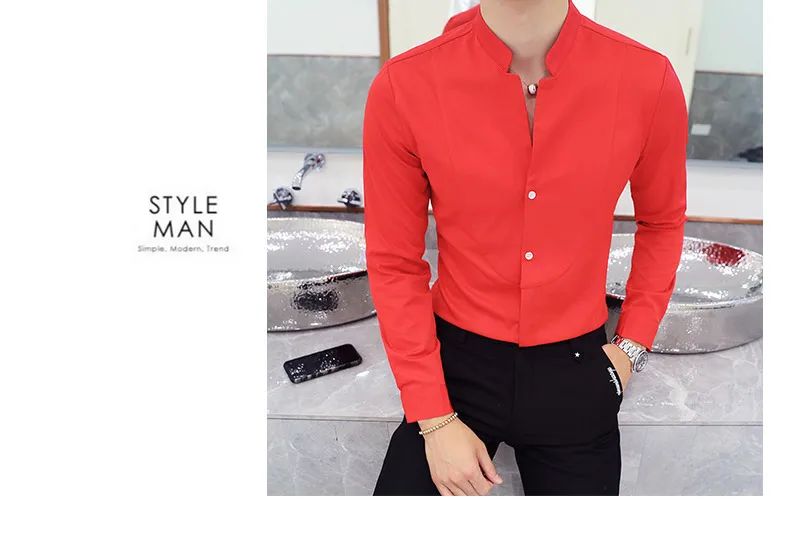 Black Men Long Sleeve Shirt, White Single Breasted Collar Stretch Shirts, Red Fashion Slim Top,Asian Size M-5XL(Korean Slim Fit)
