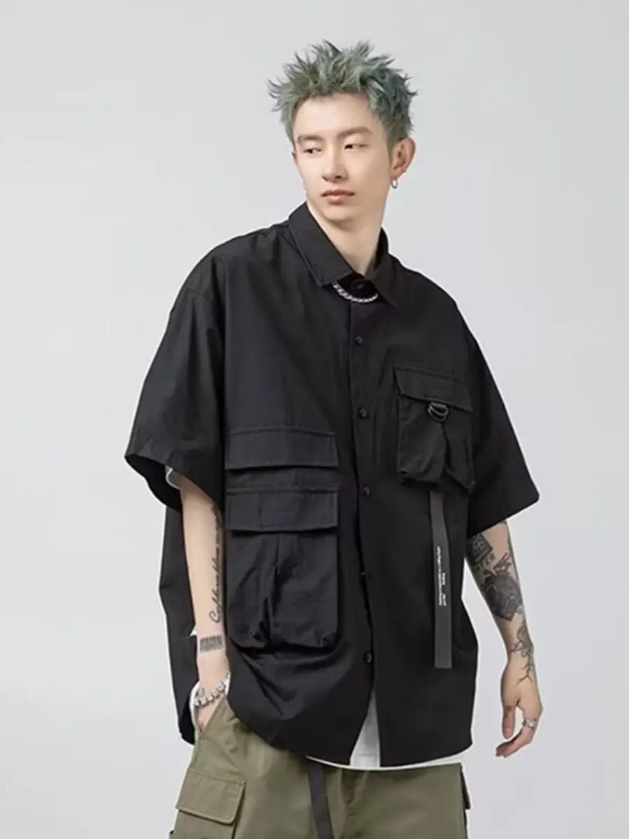 Stylish Y2k Men's Shirts Summer Korean Cargo Shirts for Men Black Multi-Pocket Hip Hop Men Clothing Punk Gothic Streetwear