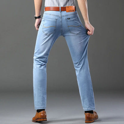 Spring Autumn Business Men Jeans Casual Straight Stretch Fashion Classic Black Sky Blue Grey Work Denim Trousers Brand Clothing