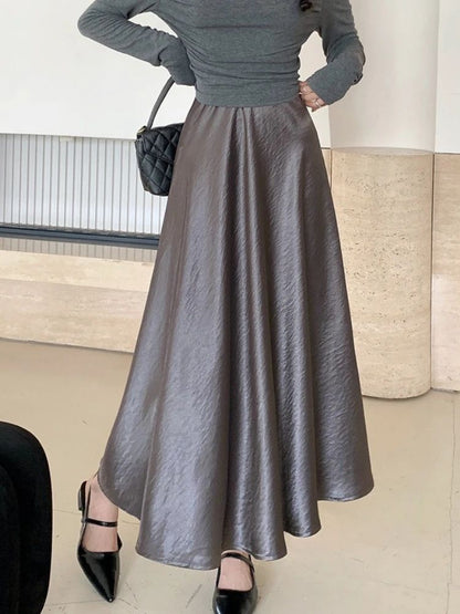 Plus Size Satin Half-Body Skirt Female 2026 Spring New Korean Fashion Temperament Elegant Solid Casual A-line Skirts