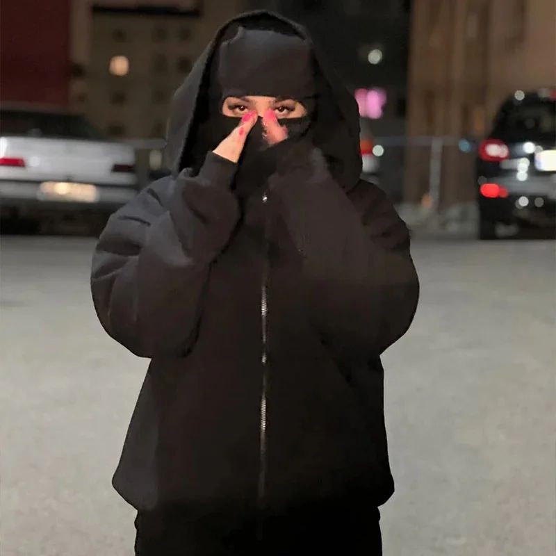 Men and women Balaclava Y2K Gothic Harajuku winter new item double hooded sweatshirt men's hooded mask zipper sportswear