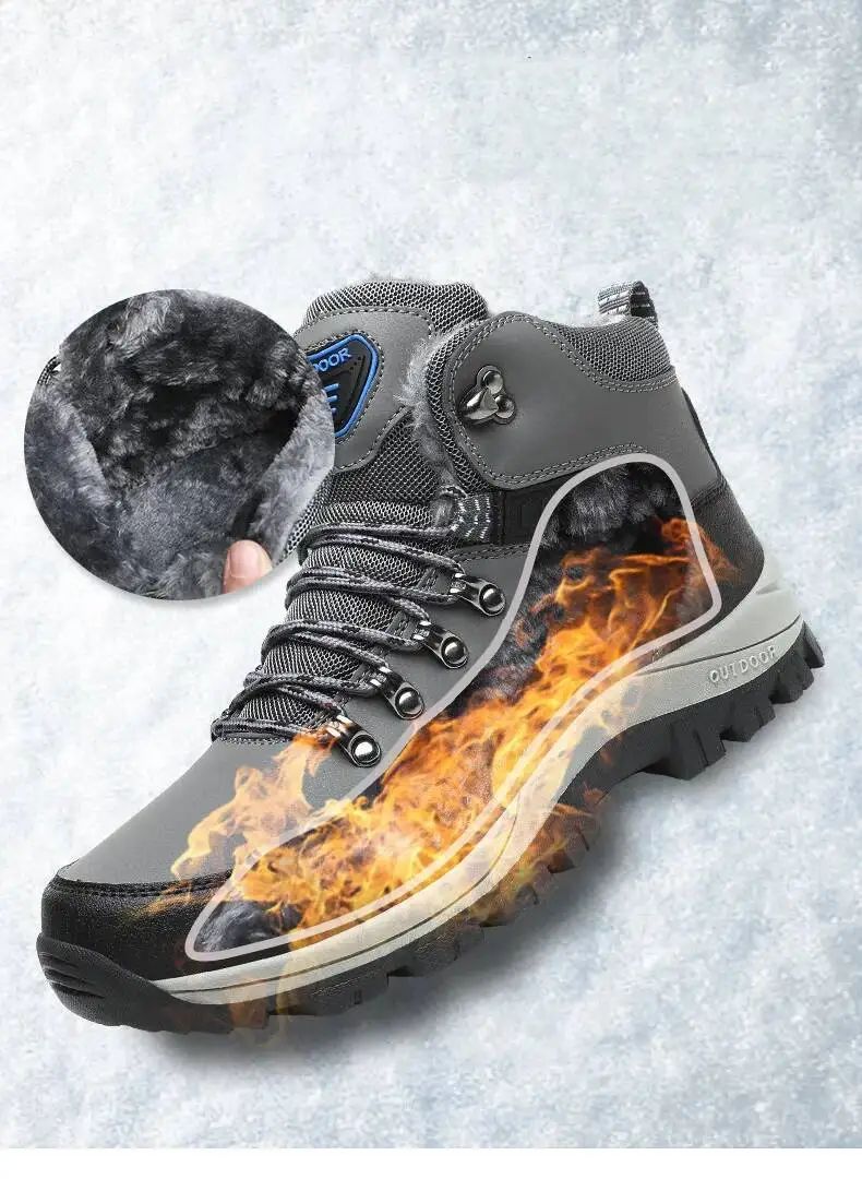 Botas de inverno masculinas com pele quente, antiderrapantes, sapatos casuais de trabalho masculinos, tênis de couro impermeáveis, botas de cano alto, tamanhos grandes