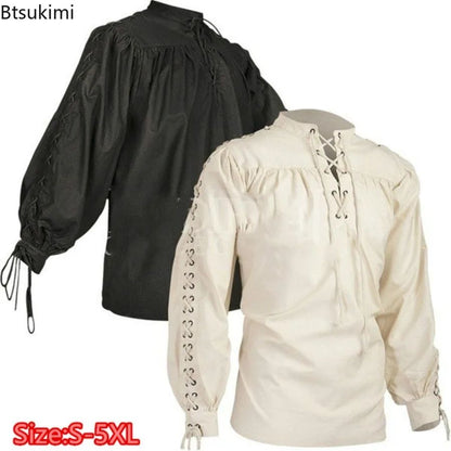 Men Medieval Shirts Drawstring Viking Vintage Sleeve Tunic Cosplay Tops Knight Costume Ruffle Pirate Gothic Neckline Male Shirts