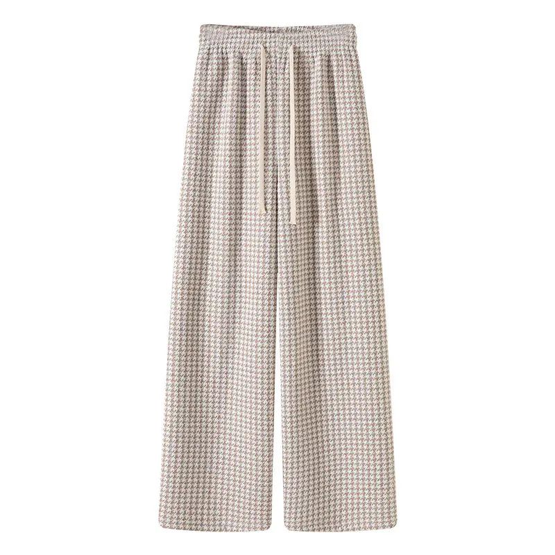 High Waist Wide Leg Pants Women's Autumn Winter New Style Lazy Casual Fleece Woolen Plaid Trousers Fashionable Comfortable