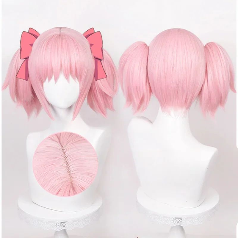 Peruca Sintética Cosplay Anime Madoka Kaname, Rosa Curta, Presilhas de Rabo de Cavalo, Resistente ao Calor, Festa, Perucas de Cosplay de Anime