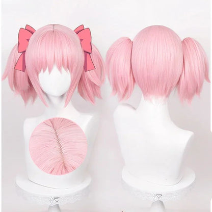 Peruca Sintética Cosplay Anime Madoka Kaname, Rosa Curta, Presilhas de Rabo de Cavalo, Resistente ao Calor, Festa, Perucas de Cosplay de Anime
