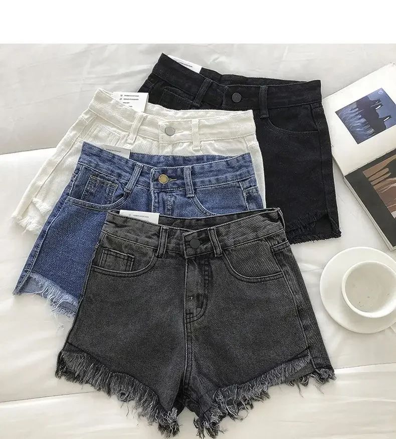 2025 New Summer Women High Wiast Raw Hem Denim Shorts Soild White Black Blue Korean Wide Leg Pants Mon Shorts  Jean Shorts