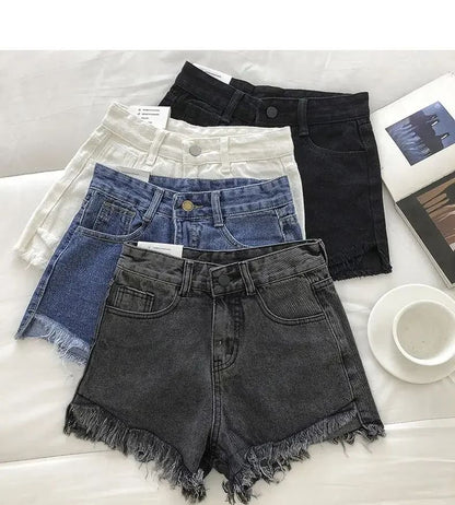 2025 New Summer Women High Wiast Raw Hem Denim Shorts Soild White Black Blue Korean Wide Leg Pants Mon Shorts  Jean Shorts