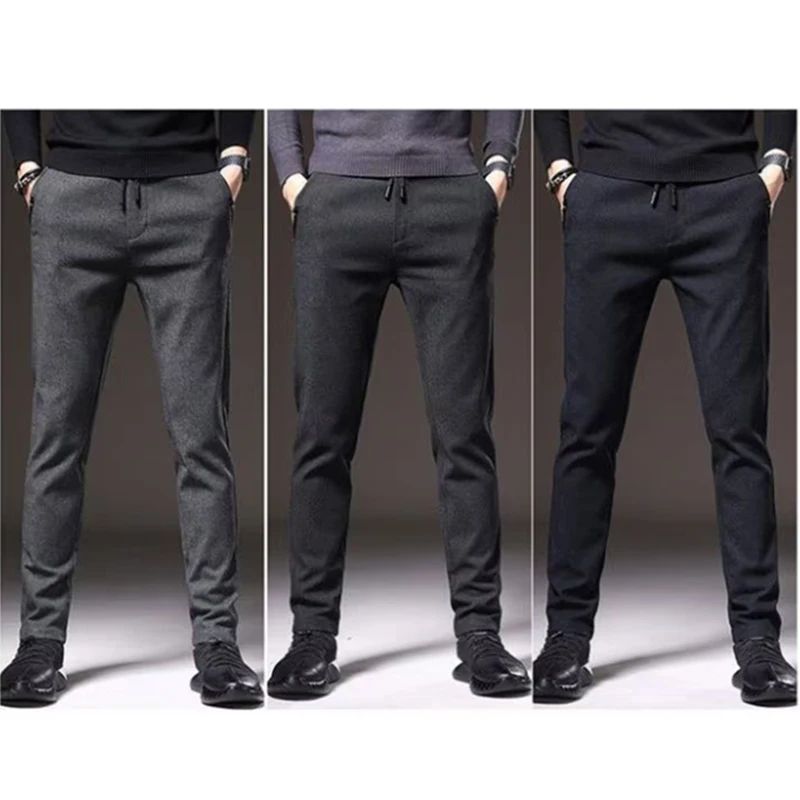 Autumn Winter Men Thermal Office Pants Straight Narrow Leg Classic Casual Pants Drawstring Tie Up Design Thicken Fleece Trousers