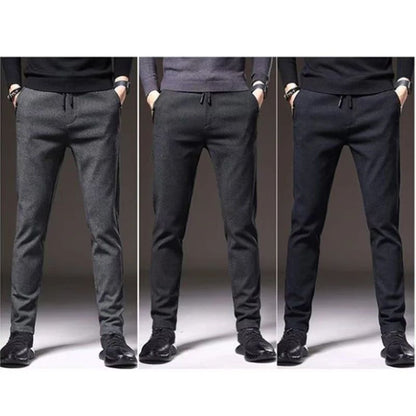 Autumn Winter Men Thermal Office Pants Straight Narrow Leg Classic Casual Pants Drawstring Tie Up Design Thicken Fleece Trousers