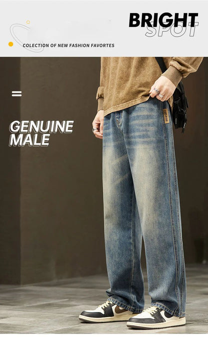 Streetwear Vintage Jeans Men's New Personality Thin Fashion Personalized Loose Trousers Casual Straight Wide Denim Pants Male