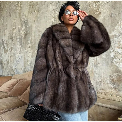 Women Patchwork Faux Fur Coat Elegant Contrast Full Sleeve Lapel Loose Long Staple Plush Jacket Winter High Street Outerwears