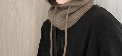 Knitted Hooded Caps Winter Balaclava Hats Women Korean Style Outdoor Warmer Drawstring Hats One-piece Neck Collar Beanies Cap