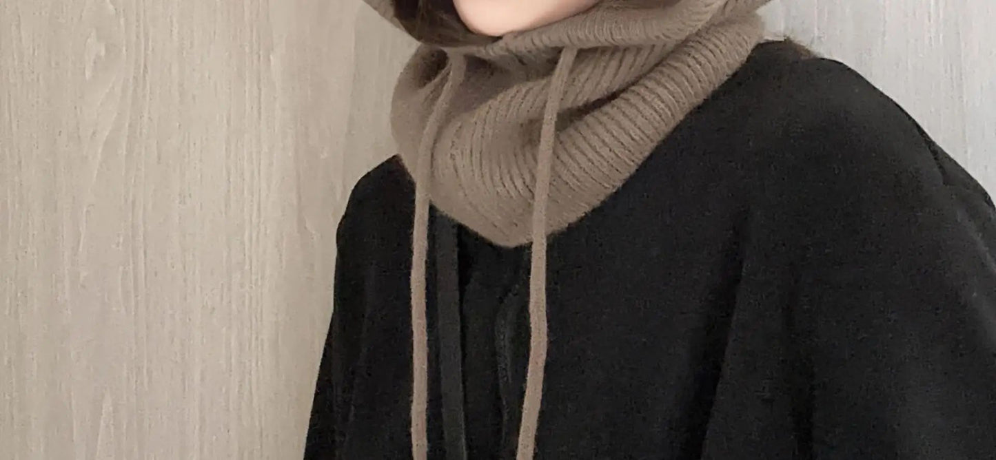 Knitted Hooded Caps Winter Balaclava Hats Women Korean Style Outdoor Warmer Drawstring Hats One-piece Neck Collar Beanies Cap