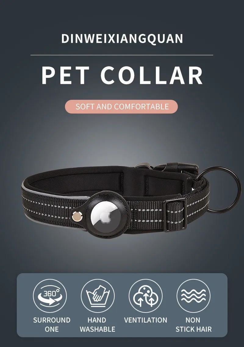 Coleira de cachorro AirTag, coleira reflexiva, coleiras acolchoadas, suporte para AirTag, coleira ajustável para cães pequenos, médios e grandes