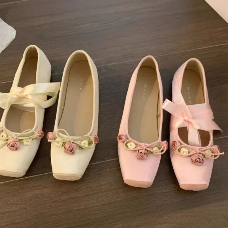 Women Flats Bow Marie Janes Shoes  New Lolita Dress Square Toe Shoes Designer Walking Sandals Female Elegant Zapatos