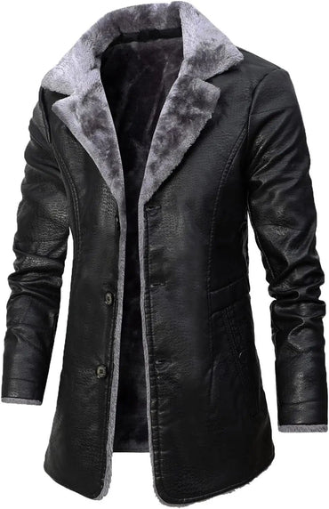 Men's Winter Faux Leather Casual Windbreak High Quality Coat Fur Lined Button Trench Coats Men's Down Lapel Collar Jackets