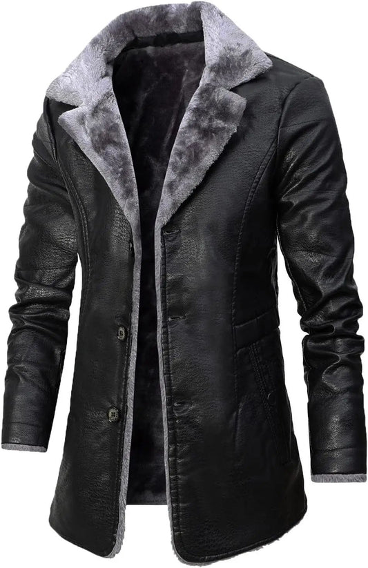 Men's Winter Faux Leather Casual Windbreak High Quality Coat Fur Lined Button Trench Coats Men's Down Lapel Collar Jackets