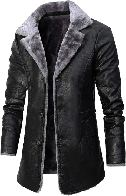 Men's Winter Faux Leather Casual Windbreak High Quality Coat Fur Lined Button Trench Coats Men's Down Lapel Collar Jackets