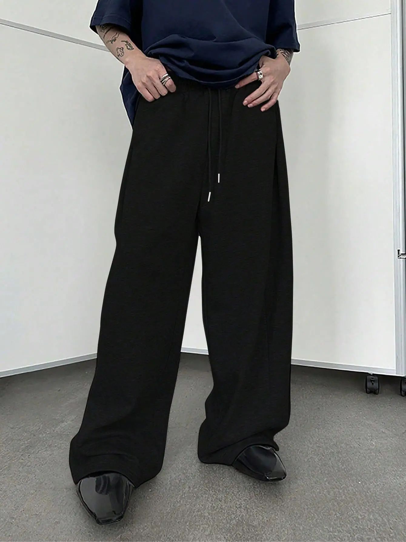European and American men's waist trousers waist drawstring straight wide-leg loose trousers sports trousers pocket men pants