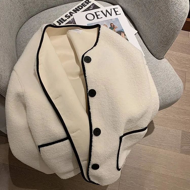 Korean Style Short Lamb Fur Jacket Women's Crew Neck Lazy Style Outerwear Autumn Winter New Arrival Soft Cozy round Neck Top