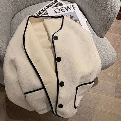 Korean Style Short Lamb Fur Jacket Women's Crew Neck Lazy Style Outerwear Autumn Winter New Arrival Soft Cozy round Neck Top