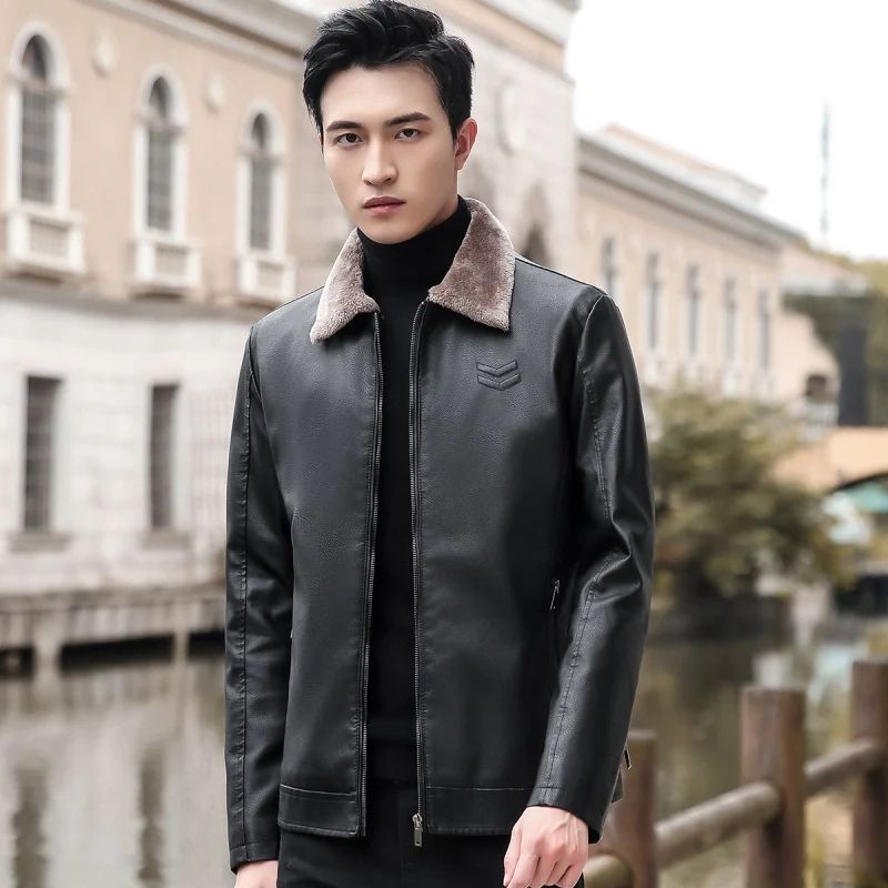 Trend Korean Slim Fit Casual Men's Leather Jacket Leather Jacket Busines Men's Fur Collar High Quality Fashion Motorcycle Jacket
