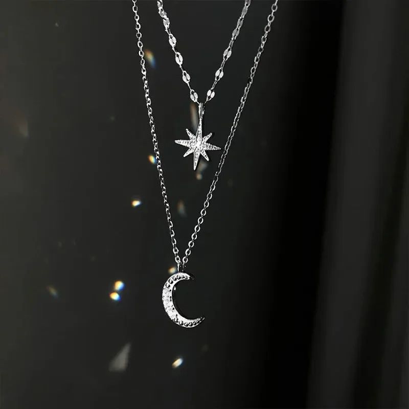 Colar de Prata 925 Feminino Camada Dupla Zircônia Estrela Lua Pingente Colar Delicado Corrente Charmosa Joia Elegante Presente da Moda