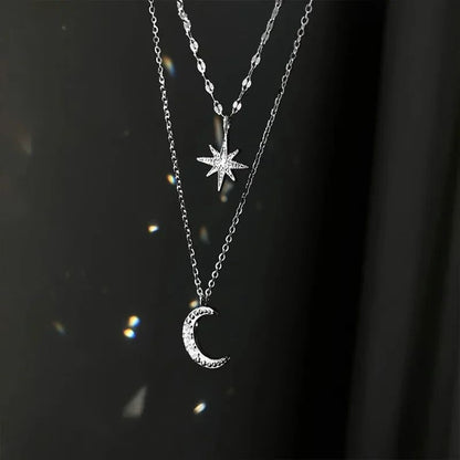 Colar de Prata 925 Feminino Camada Dupla Zircônia Estrela Lua Pingente Colar Delicado Corrente Charmosa Joia Elegante Presente da Moda