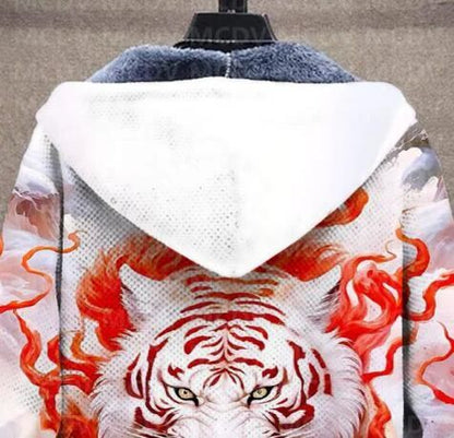 Men's Retro Print Plush Thick Long-Sleeved Coat Cardigan Tiger 3D Prined Fleece Hooded Overcoat Unisex Thick Warm Jacket