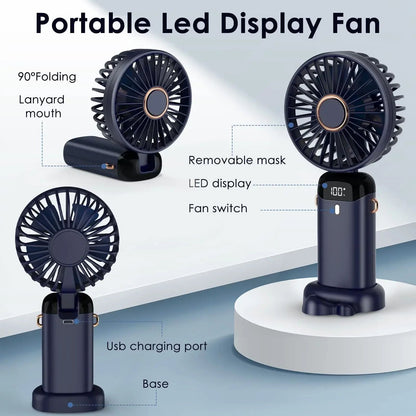 Ventilador Portátil Recarregável 5000mAh Dobrável 90° 5 Velocidades Mini Ar Condicionado Pequeno Ventilador Refrigerador de Ar com Display Digital LED