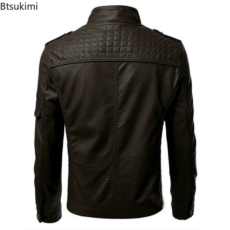 New 2025 Spring Autumn Men's Leather Jackets Fashion Patchwork Stand Collar PU Leather Coats Handsome Motorcycle Jackets for Men