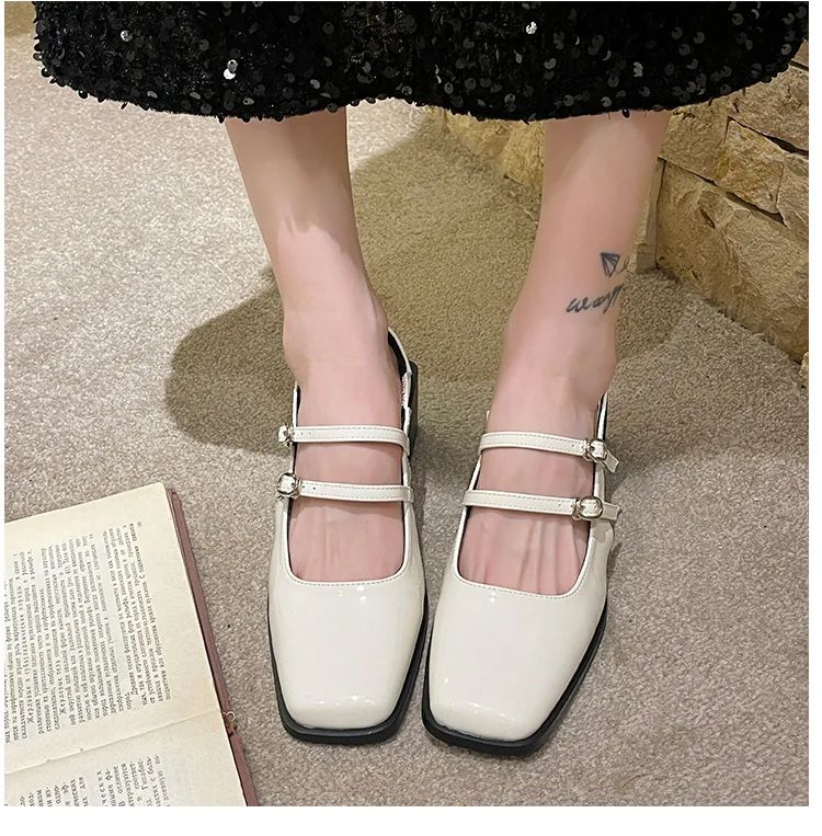 2024 Spring New Retro Small Leather Shoes Square Head Double Buckle Strap Mary Jane Thick Heels Sandals for Women