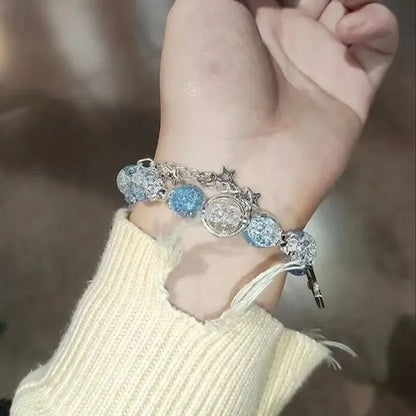 Pulseira Feminina Niche Design Star Chain Tassel com Contas de Cristal Azul Fantasia e Corda Elástica, Presentes de Joias para Melhores Amigas