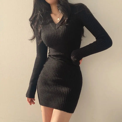 Women Knit Slim Sexy Bodycon Dress V-Neck Long Sleeve Dress Solid Casual Midi Sw