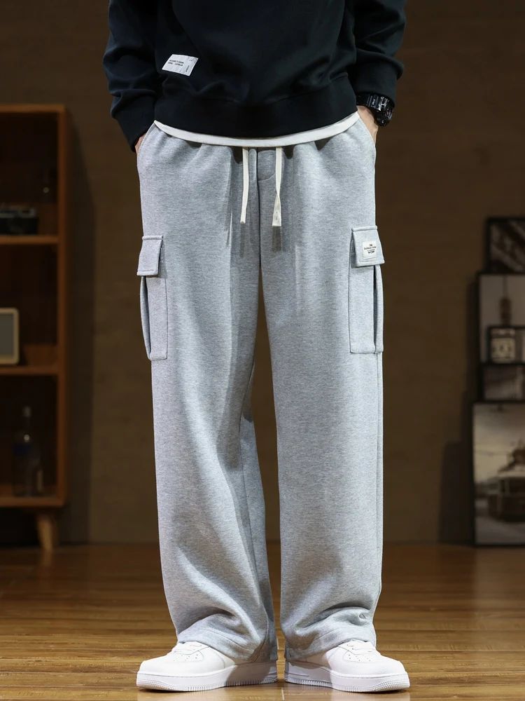2024 New Sweatpants Men Multi-Pockets Drawstring Cotton Casual Wide Pants Male Loose Straight Trousers Large Size 8XL
