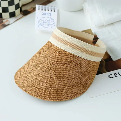 2025 New Summer Outdoor Visor Cap Casual Shade Hat Straw Wide Empty Top Sun Hat Anti Uv Female Large Brim Beach Sunhat Lady