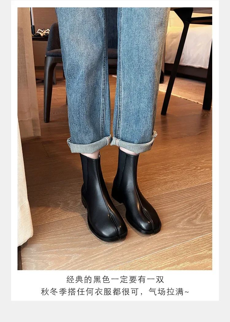 2025 Stretch Slip On Chelsea Boots Woman Split Toe Low Heels Ankle Botas Feminina Tabi Shoes Winter Patent/Matte Leather Botines